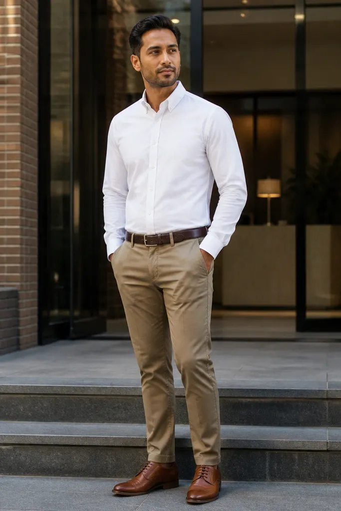 White button-down shirt with tan chinos and cognac leather derbies
