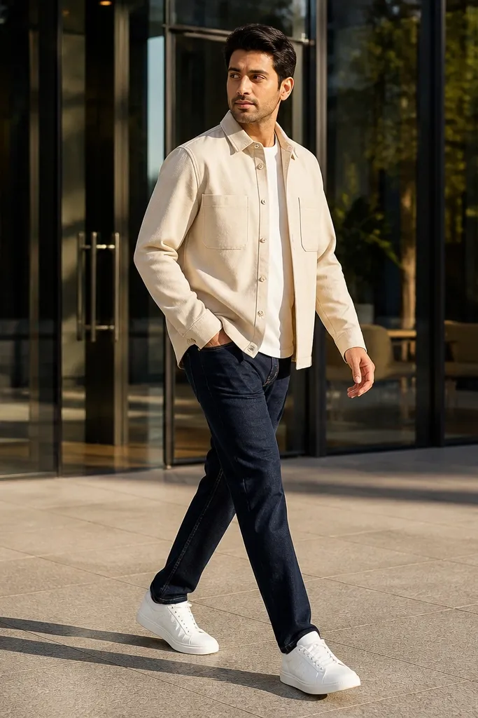 Cream overshirt with navy jeans and white leather sneakers