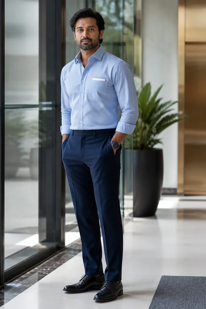 Light blue Oxford shirt with navy slacks and white pocket square
