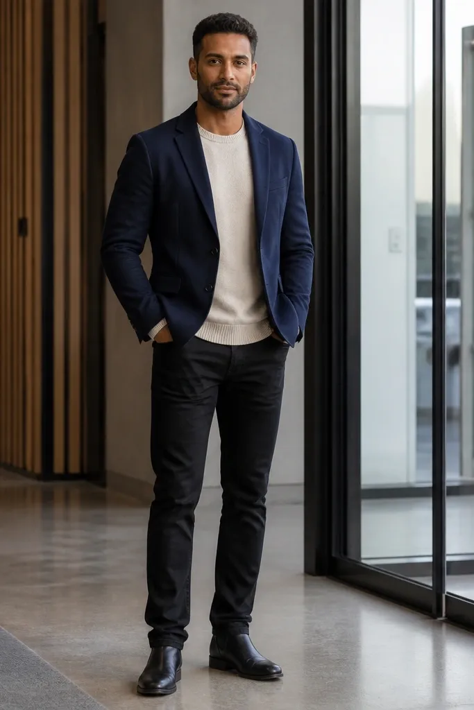 Navy blazer with oatmeal knit crewneck and black jeans