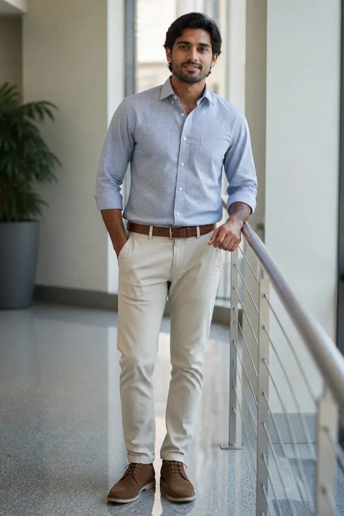 Small-pattern shirt with solid chinos and suede chukka boots