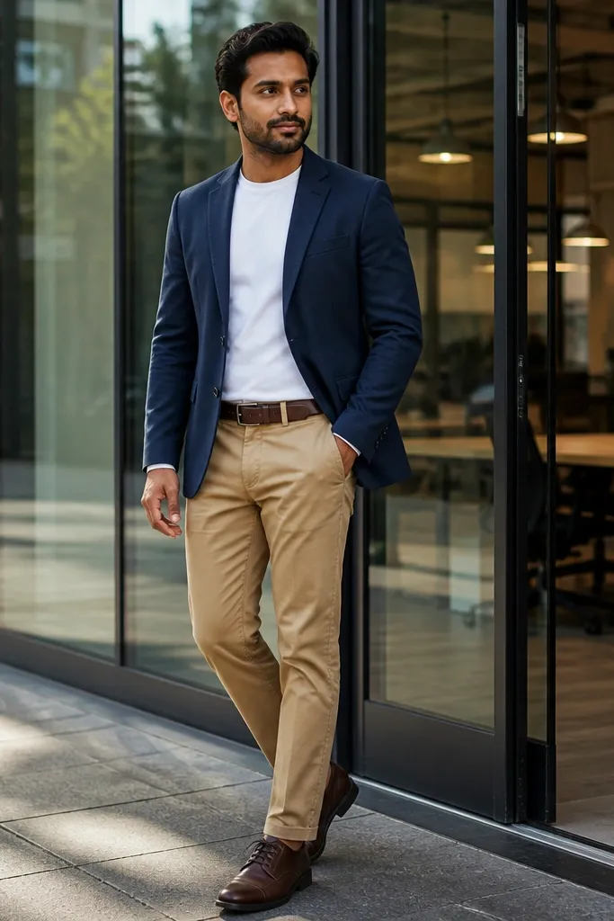Tucked white tee with navy blazer and tan chinos