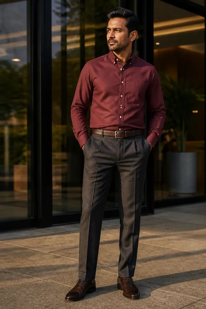 Burgundy button-down with charcoal trousers and dark brown belt