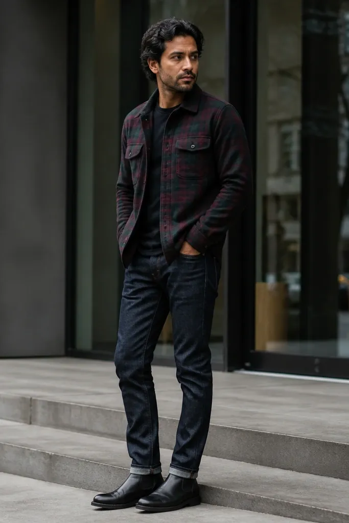 Checked flannel with dark denim and black Chelsea boots