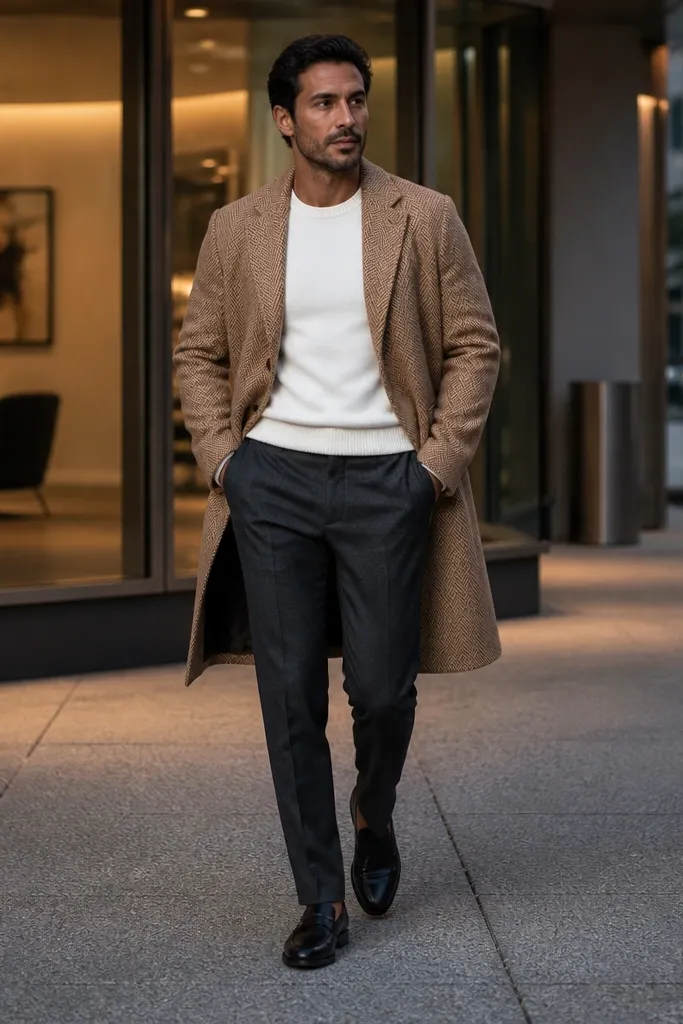 Camel topcoat over white crewneck with charcoal trousers and dark leather oxfords