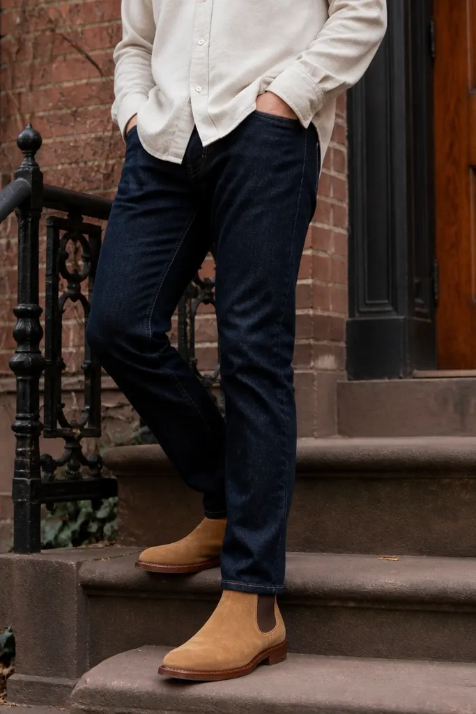 A man standing outdoors wearing tobacco-brown suede Chelsea boots with a low heel and elastic side panels. He has dark indigo slim jeans that stop neatly at the boot top. The outfit includes a cream-and-gray flannel button-up worn slightly open over a fitted dark tee. A camel overcoat is draped over his shoulders, and he carries a simple leather crossbody bag.