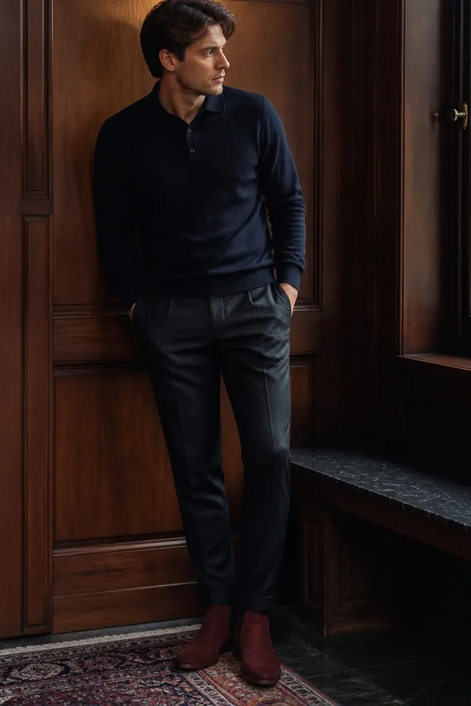 A styled flat-lay of a man's outfit: oxblood red suede Chelsea boots with glossy elastic. The pants are charcoal wool trousers with a slight taper. On top is a navy knit polo shirt with a clean collar, tucked in. A long dark coat hangs open behind him, and a burgundy scarf sits at the neck.