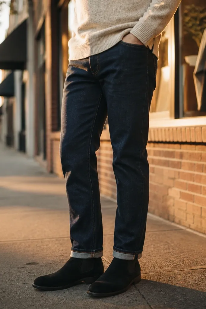 A street photo style scene: black suede Chelsea boots with a matte finish. The wearer has medium blue selvedge denim in a straight-leg cut that breaks once at the ankle. He wears an oatmeal crewneck sweater and a charcoal wool coat. A watch with a dark leather strap is visible, and the socks are dark charcoal crew length.