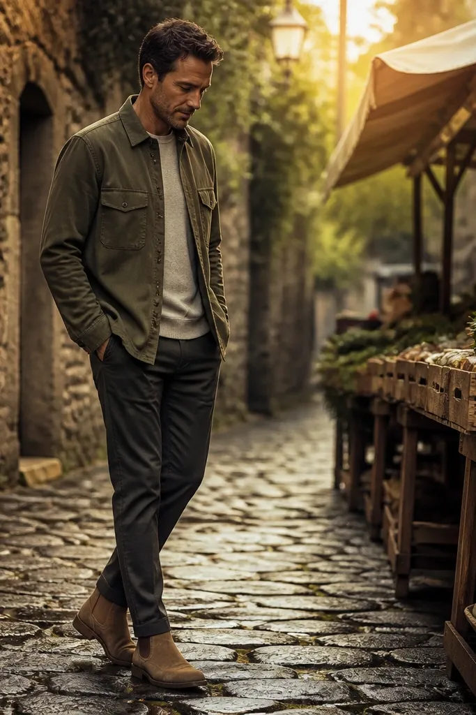 A full-body outfit: sand-beige suede Chelsea boots, elastic sides visible. The pants are dark olive or near-black chinos with a slim taper. The top layer is an olive brushed cotton overshirt with button cuffs. Underneath is a light gray tee, and the outerwear is worn open slightly for depth.