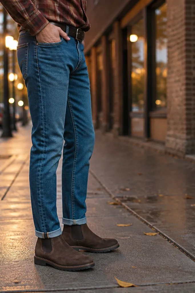 A casual street shot: chocolate-brown suede Chelsea boots. The jeans are medium-wash straight denim with subtle whiskering and a tidy break at the ankle. The shirt is a plaid flannel in red-brown and cream, worn buttoned up. A gray beanie and a tan leather belt are visible, with a simple leather wallet chain pocket detail.