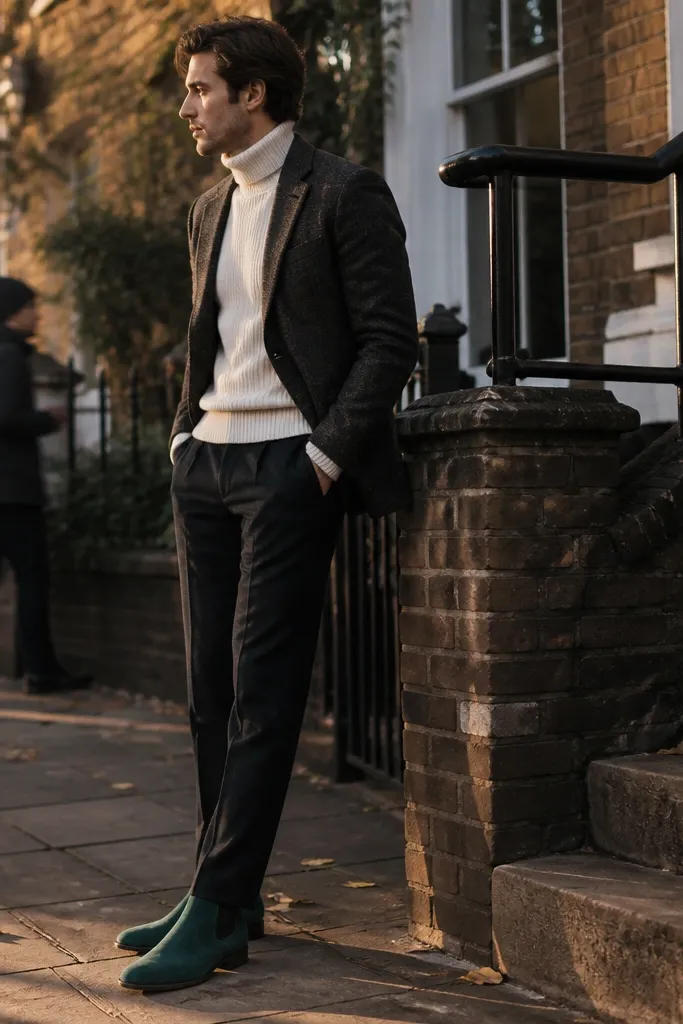 An indoor mirror shot: deep teal suede Chelsea boots with a slightly darker elastic. The wearer wears a cream ribbed turtleneck sweater tucked into dark charcoal wool trousers. A long black coat is worn open and a small leather cardholder sits in the coat pocket. Socks are cream or off-white and the trousers break cleanly at the boot.