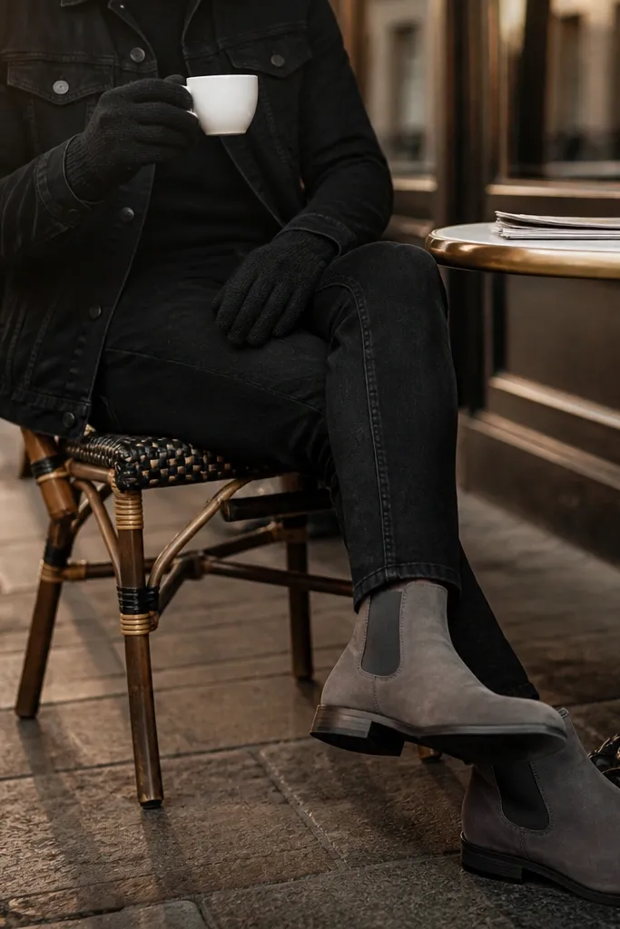 A monochrome outfit: gray suede Chelsea boots with a matte finish. The jeans are black and straight, with a slight taper. A black denim jacket is worn over a fitted black tee. The jacket hem reaches the mid-hip and the collar is visible, with a silver chain necklace at the neckline.