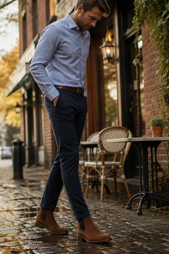 A crisp daytime outfit: cognac-brown suede Chelsea boots. The pants are navy chinos in a slim taper with a neat break at the boot. The shirt is a light blue oxford button-down, worn with the top button undone. A tan lightweight jacket is worn open, and the socks are navy.