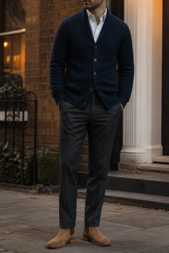 A cozy office-to-walk outfit: camel suede Chelsea boots. The trousers are dark gray wool with a straight taper. The top layer is a navy cardigan worn over a white shirt, with the cardigan hem around the mid-hip. A knit scarf in gray sits at the neck, and socks are dark gray crew.