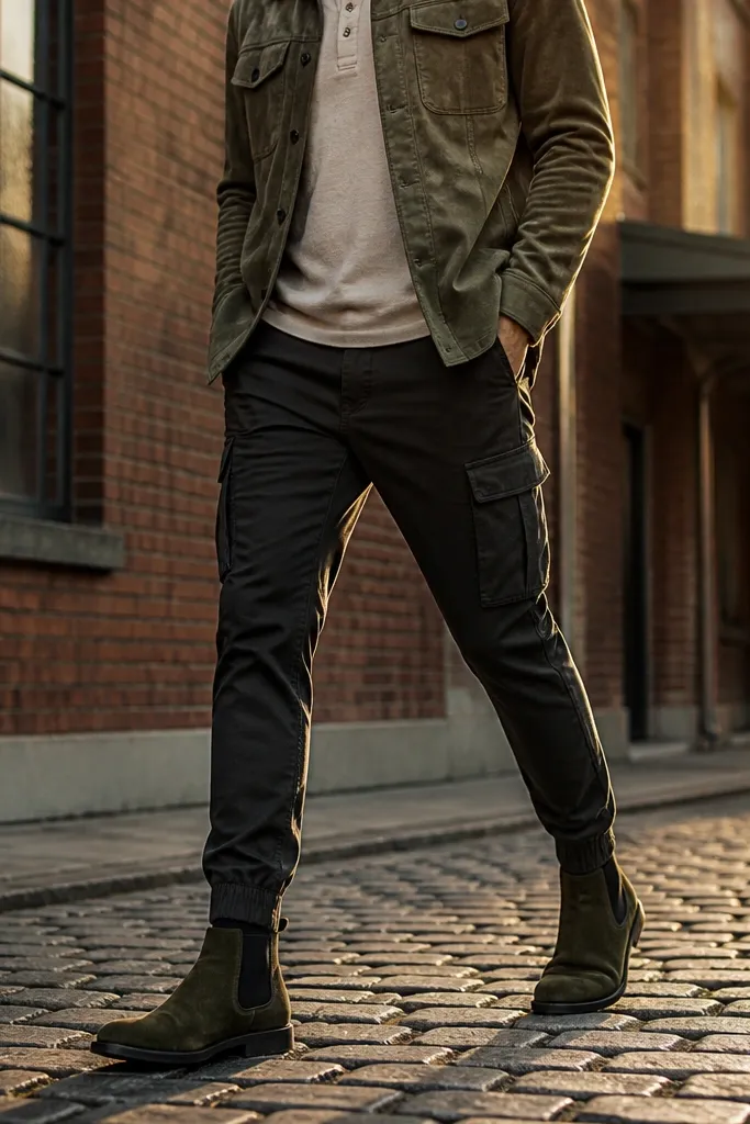 A rugged-cozy outfit: olive suede Chelsea boots. The wearer wears a charcoal cargo-style trouser with a tapered leg and visible side pockets. The top is an oatmeal henley with three buttons and short sleeves or rolled cuffs shown. A light olive field jacket is worn open, and a dark watch is on the wrist.