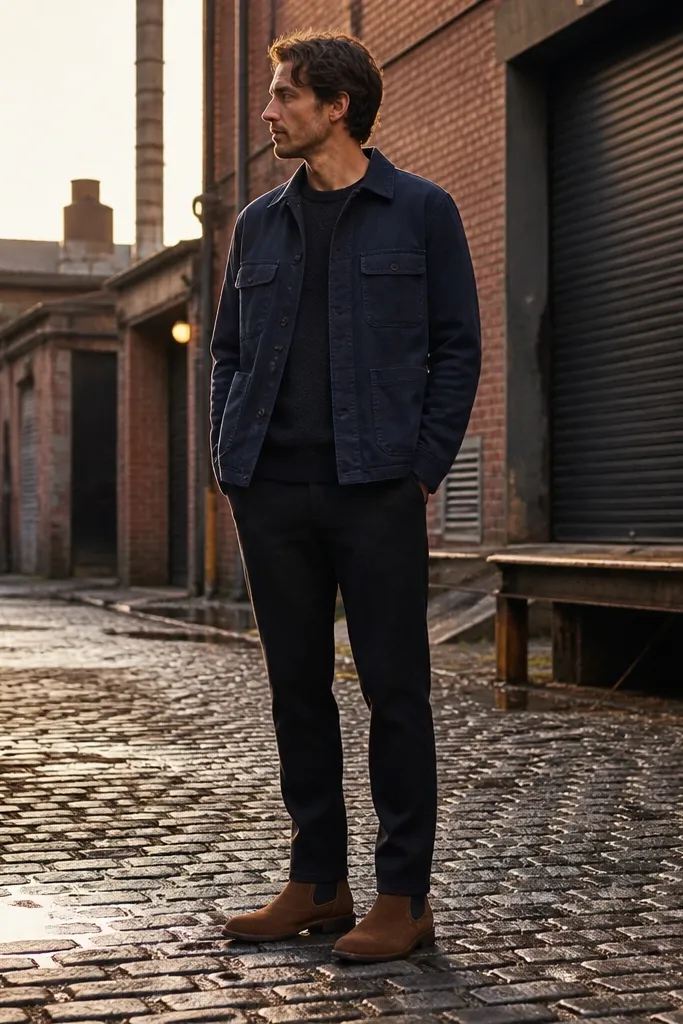 A fashion-forward cozy look: rust-brown suede Chelsea boots with a darker toe. The pants are black knit trousers with a clean taper. A navy chore coat is layered on top, slightly oversized, with visible patch pockets. Underneath is a black crewneck sweater, and the socks are black crew.