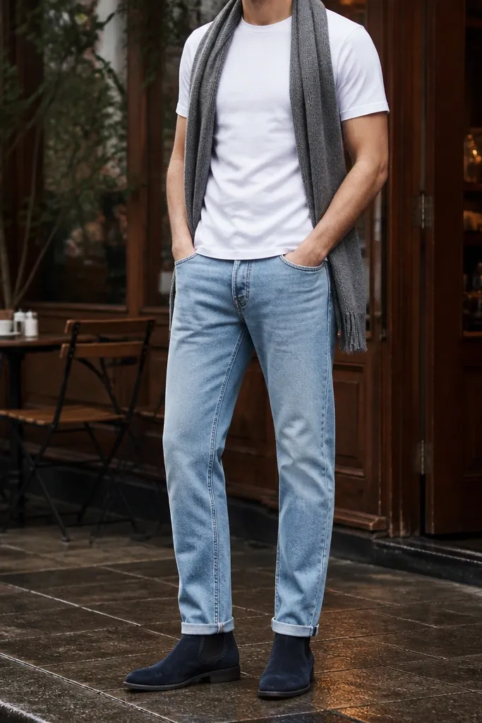A casual street shot: navy suede Chelsea boots with elastic sides. The jeans are light-wash denim with a straight leg and a casual break at the ankle. The top is a plain white tee tucked slightly in the front. A gray wool scarf wraps around the neck, and a light gray overshirt is worn open.