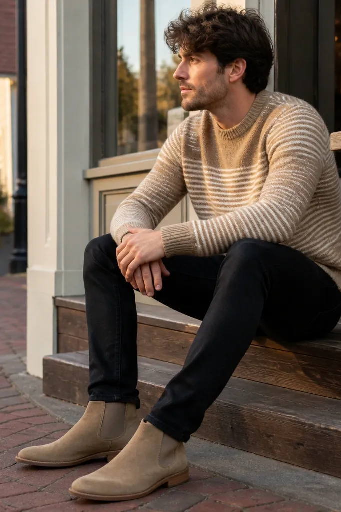 A clean outfit photo: sand-beige suede Chelsea boots. The pants are black slim jeans with a tidy break at the boot. The top is a cream and navy striped crewneck sweater. A short black jacket is worn open, and the socks are black crew length.