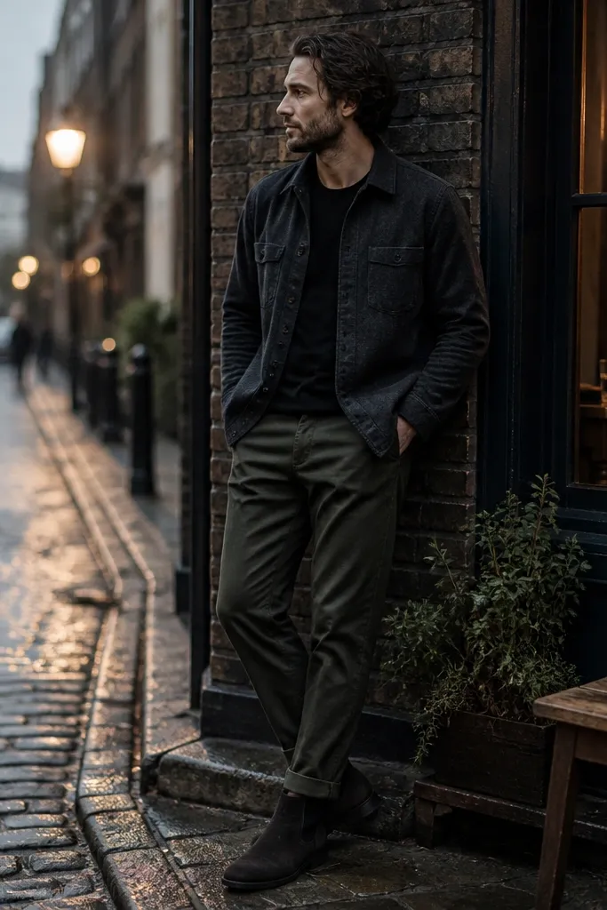 A fall-ready outfit: charcoal suede Chelsea boots. The trousers are dark green wool with a straight taper and a clean break. The top is a gray plaid flannel overshirt worn buttoned, and a black tee peeks at the collar. A brown leather belt and a simple leather messenger bag appear in frame.