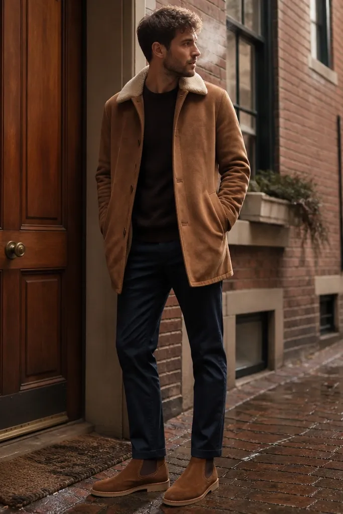 A layered street photo: light brown suede Chelsea boots. The wearer has navy chinos with a slim taper and a neat break. Over everything is a camel overcoat with a wide lapel. Under the coat is a light knit sweater in cream, and a dark belt is visible.
