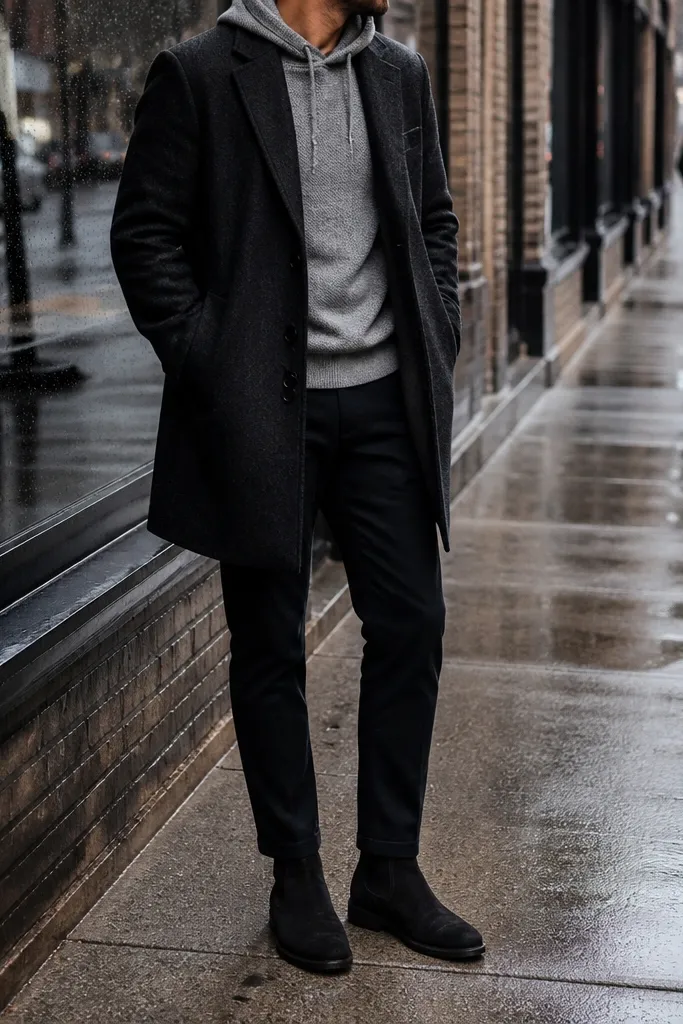 A city outfit: black suede Chelsea boots. The pants are dark gray sweatpants with a tapered ankle, not baggy. The top is a gray hoodie with the hood down. A long black wool overcoat is worn open, and a black beanie sits on the head. Socks are dark gray crew.