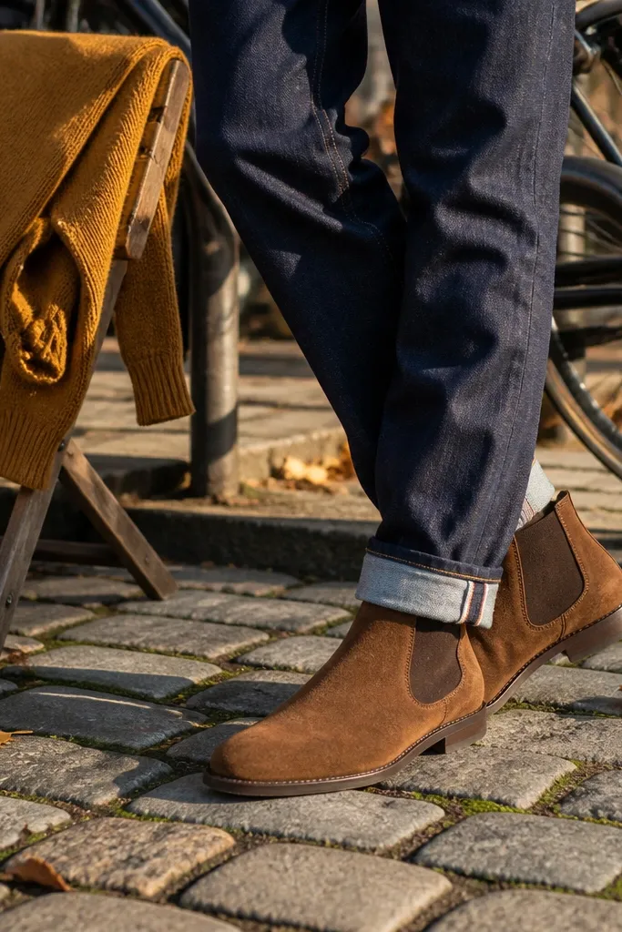 A detailed outfit photo: teak-brown suede Chelsea boots. The pants are navy selvedge jeans with a straight cut and a visible selvedge line at the hem. The top is a mustard knit sweater with a ribbed crewneck. A dark brown belt peeks out, and a pair of round glasses is visible in the frame.
