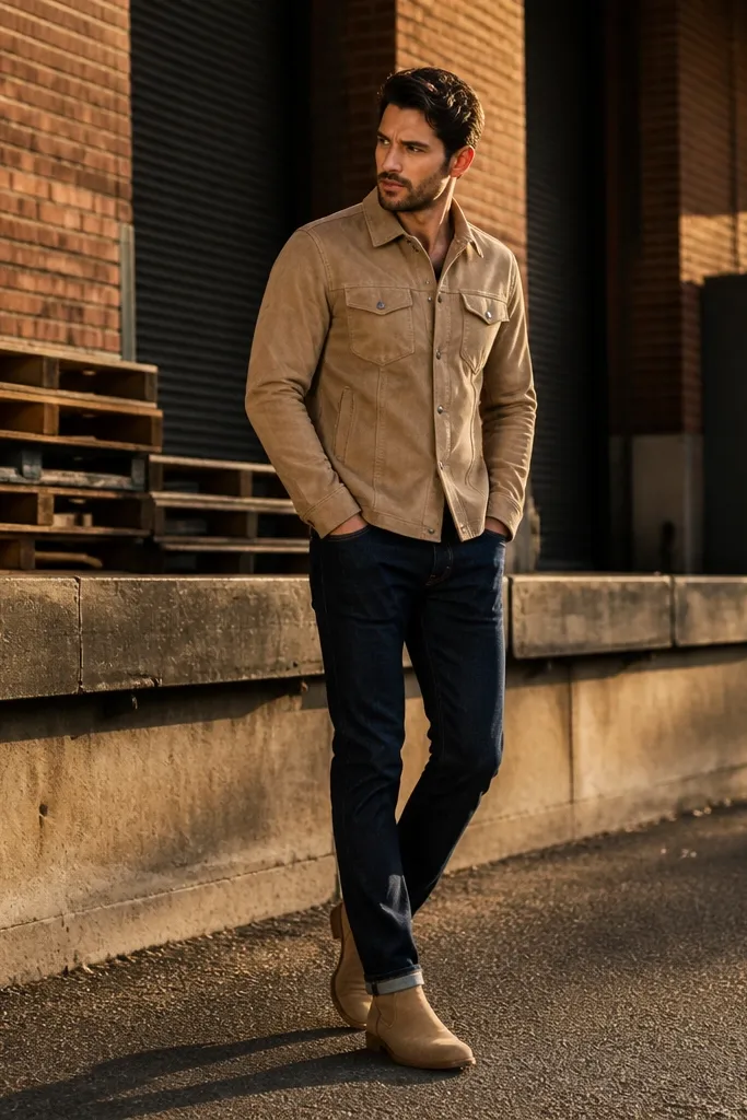 A rugged casual outfit: oat-beige suede Chelsea boots. The wearer has dark indigo jeans with a slim straight cut and a clean break at the ankle. The top layer is a denim shirt jacket in medium blue, buttoned. Underneath is a white tee, and a brown leather watch and belt are visible.