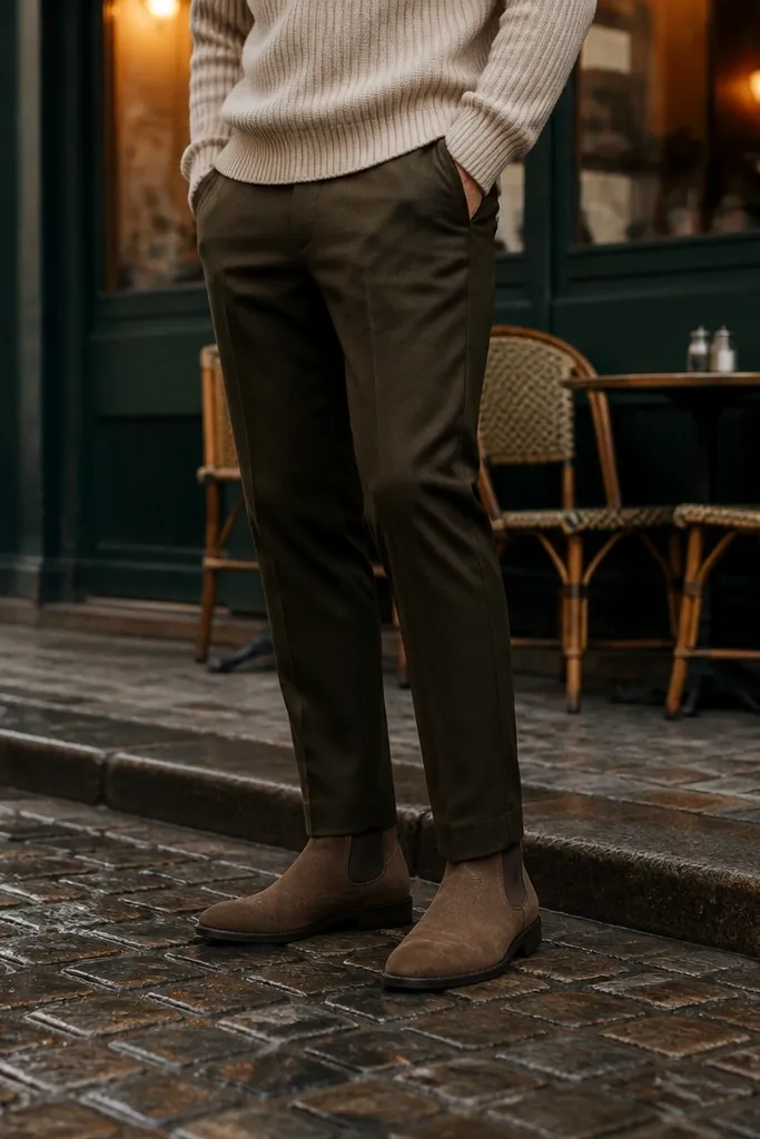 A monochrome-cozy outfit: mushroom suede Chelsea boots with a soft taupe tone. The pants are olive wool trousers with a straight taper. The top is a beige knit turtleneck sweater tucked neatly. A dark brown overcoat is worn open, and socks are olive or taupe. The overall look is calm and warm.