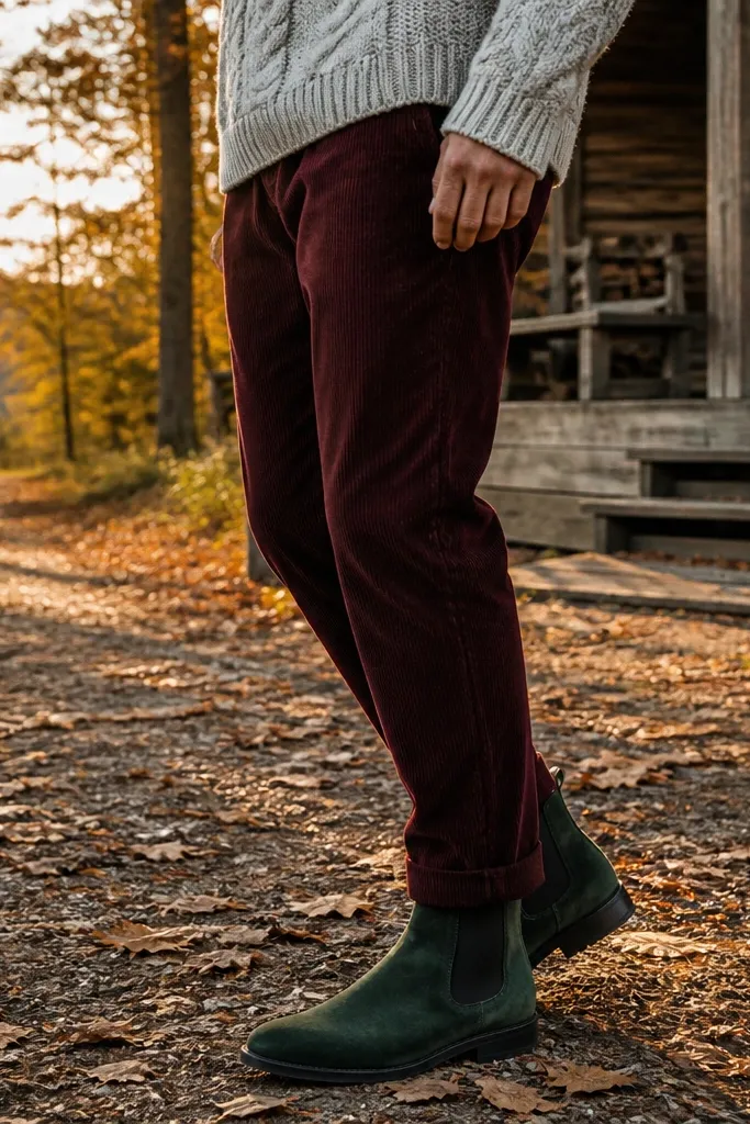 Men's forest green suede Chelsea boots with a low stacked heel and elastic side panels, styled with a cream cable knit sweater, burgundy cotton corduroy trousers tapered at the ankle, and a brown leather belt. Outdoor daylight shows the suede nap catching light, with the boots sitting on dark pavement.