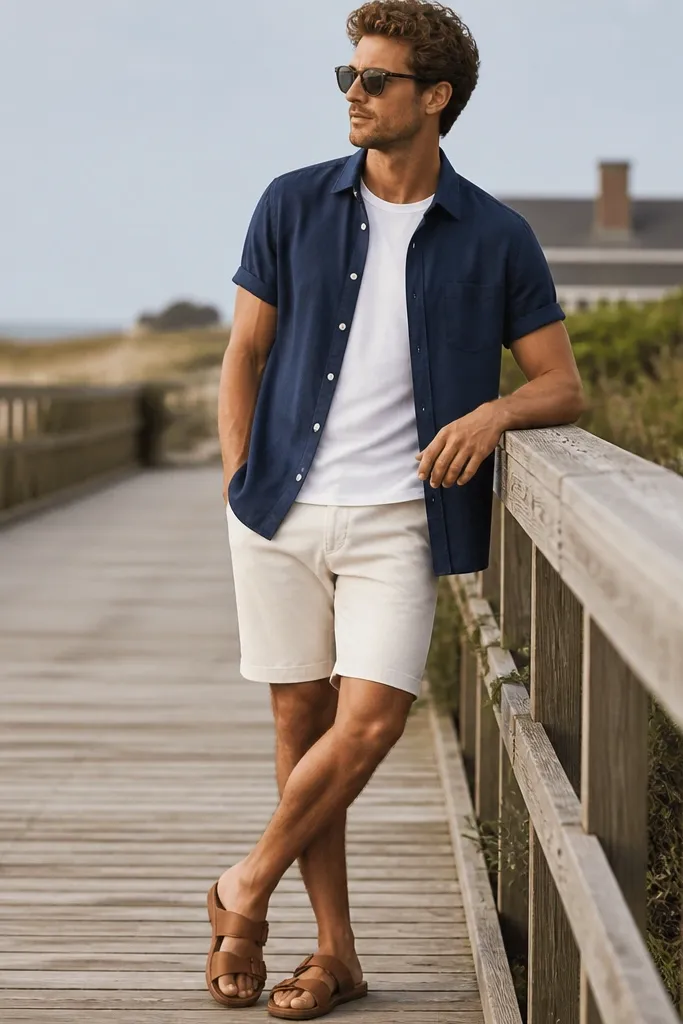 A navy linen short-sleeve button-up worn slightly open over a white tee, paired with ecru flat-front shorts and tan leather sandals. The outfit is photographed on a wooden boardwalk with the shirt sleeves rolled once.