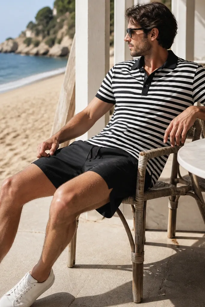 A black-and-white striped short-sleeve polo worn over black swim shorts, paired with white sneakers. The scene is a beachside café patio with bright sunlight.