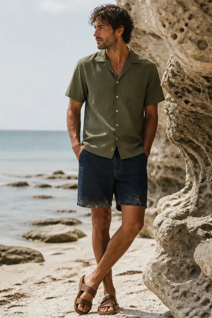 An olive short-sleeve camp-collar shirt with visible buttons, worn with dark navy denim shorts and brown leather sandals. The photo shows sand on the hem and a relaxed stance.