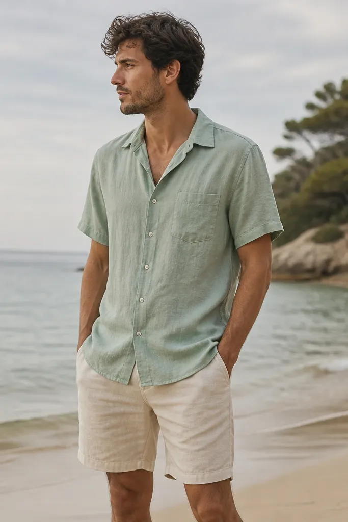A sage green short-sleeve button-up with a relaxed fit paired with sand-colored linen shorts. The image shows the outfit on a quiet beach with soft natural light.