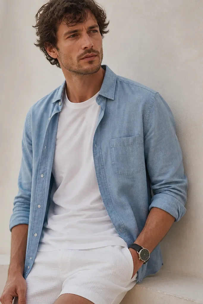 A light blue chambray button-up worn open over a white tee, paired with white textured shorts. The image shows the sleeves rolled and a watch on the wrist.