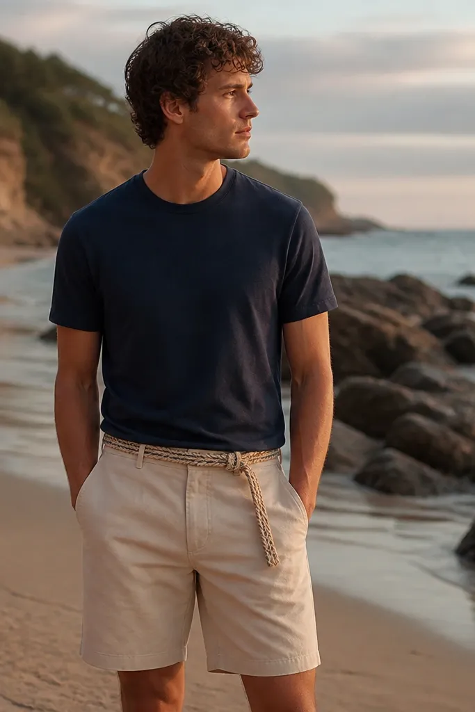 A navy crewneck tee paired with light khaki shorts, cinched with a braided rope belt. The photo shows a relaxed beach evening with soft shadows.