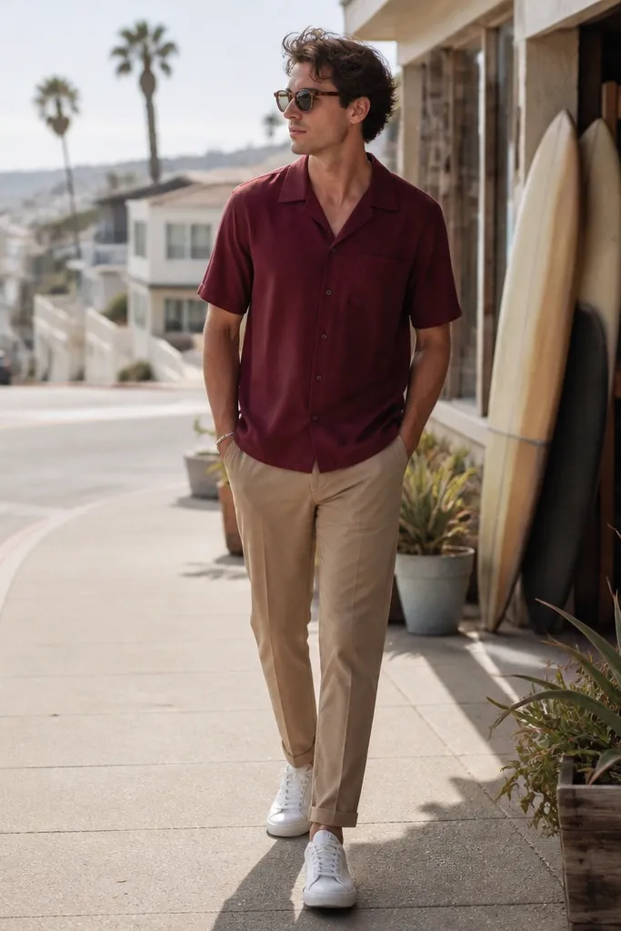 A burgundy short-sleeve camp shirt with a relaxed collar worn with tan chinos and white sneakers. The photo shows a beach town street with shops nearby.