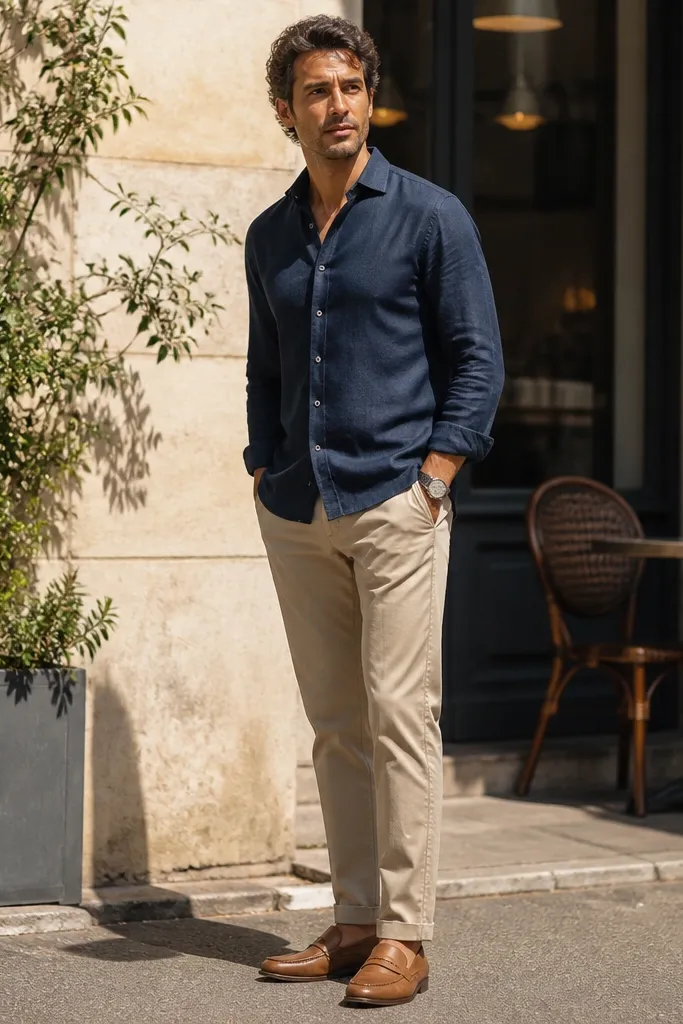 Navy linen-blend shirt with sand chinos and tan loafers