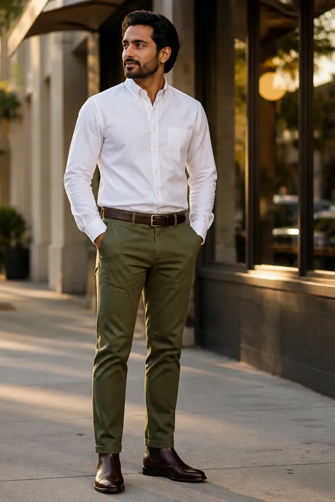 White poplin button-down with olive chinos and dark brown accessories