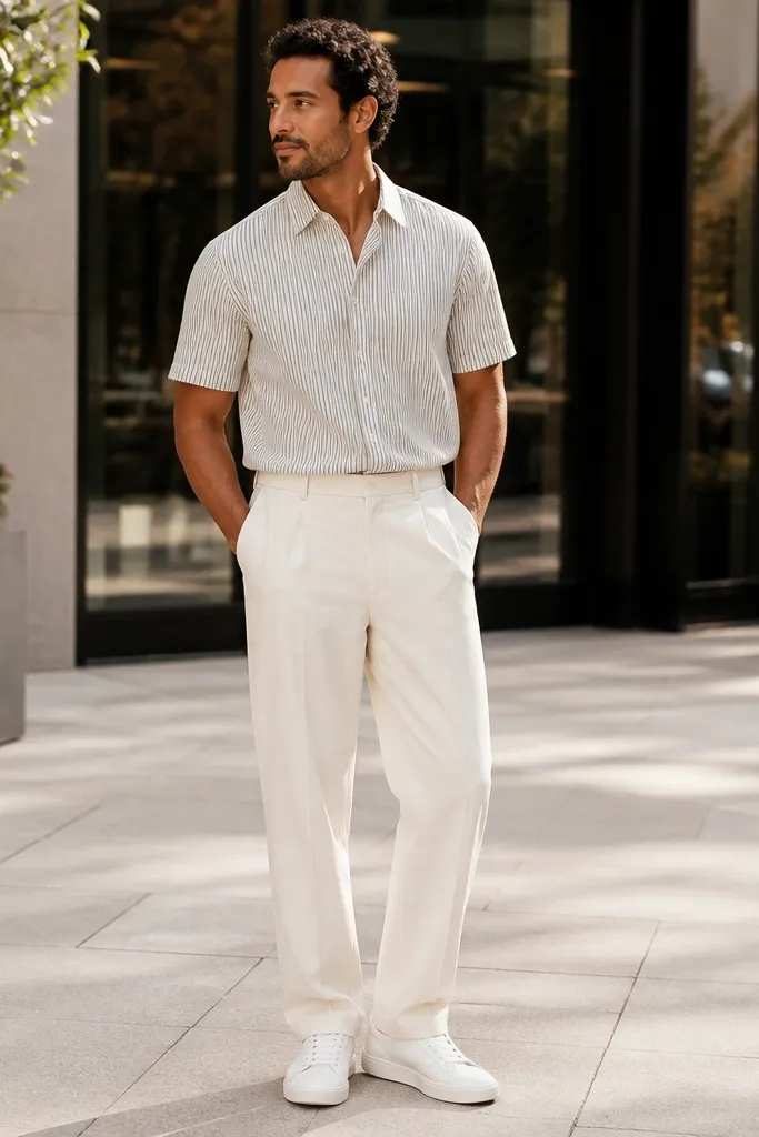 Striped short-sleeve button-down with cream trousers and white sneakers