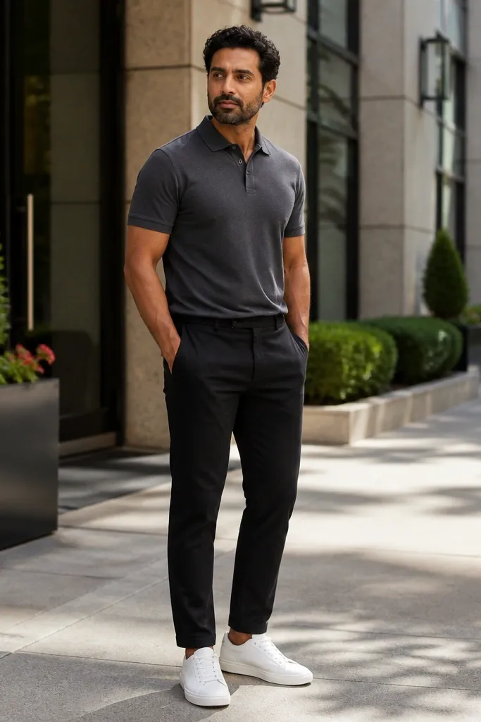 Charcoal polo shirt with black chinos and white leather sneakers