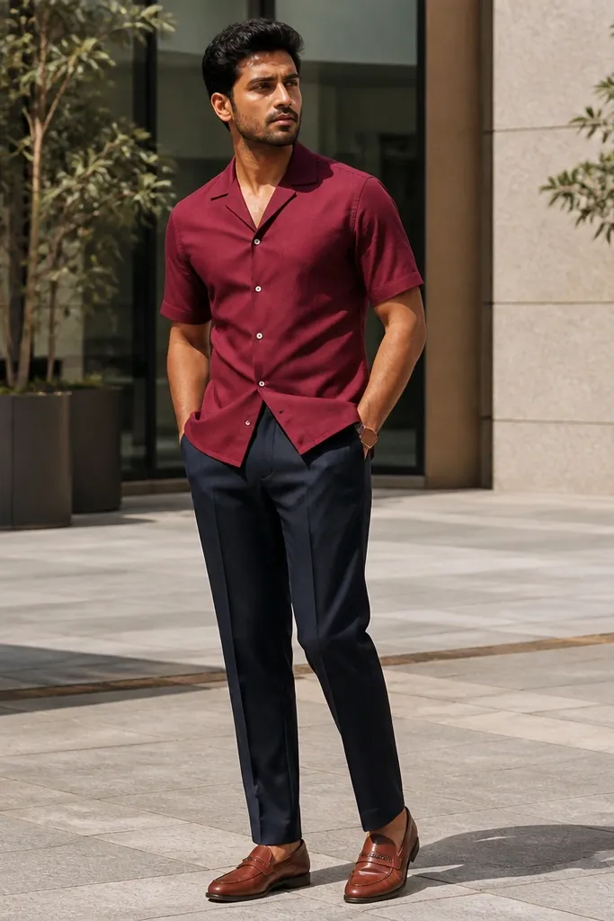 Burgundy camp-collar shirt with navy trousers and cognac loafers