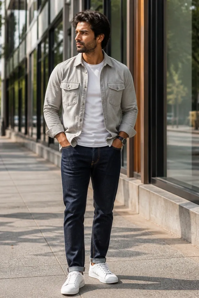 White crewneck tee under a light gray overshirt with dark denim