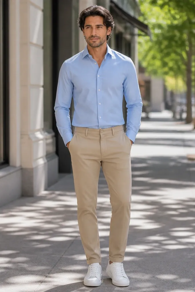 Sky blue button-down with light khaki trousers and white leather sneakers