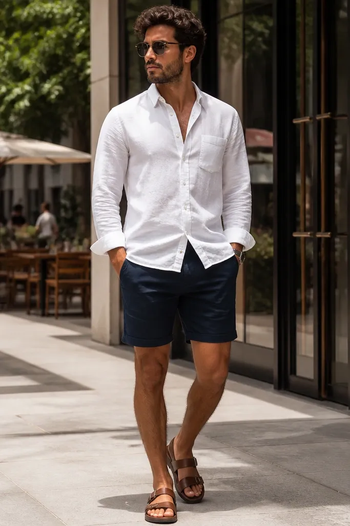 White linen shirt with navy shorts and brown sandals or loafers