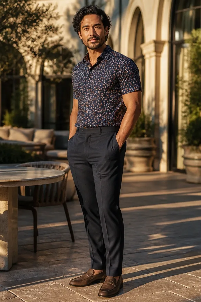 Micro floral short-sleeve shirt with dark trousers and brown loafers