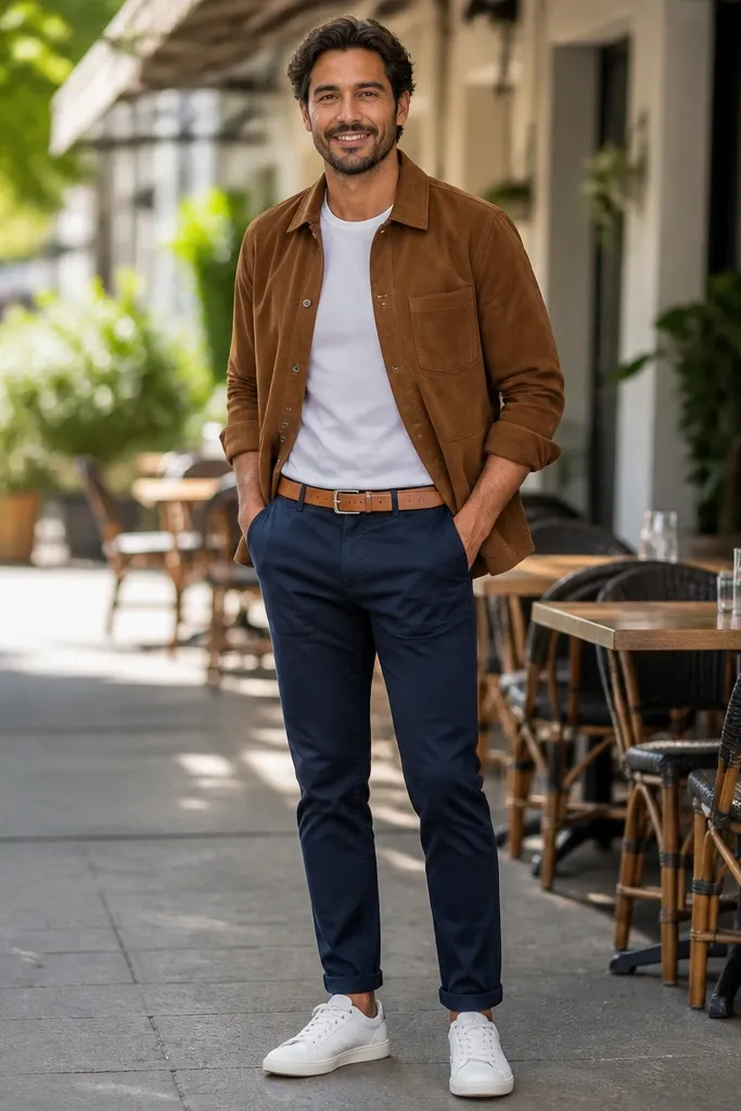 Tobacco suede overshirt over a white tee with navy chinos