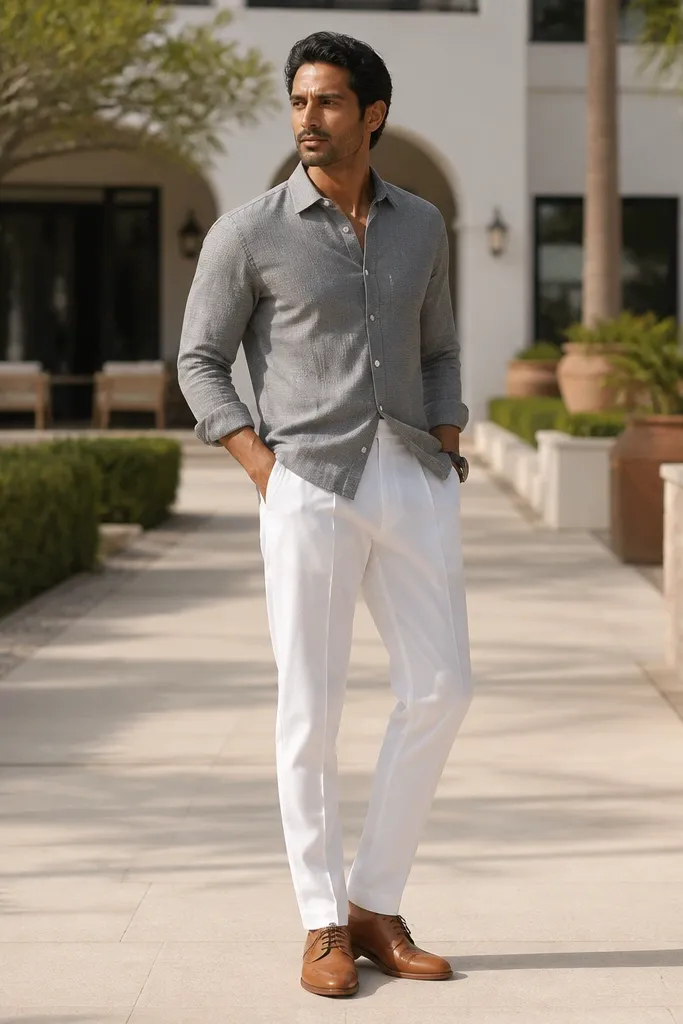 Gray seersucker button-down with white trousers and tan derby shoes