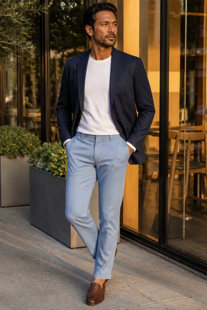 Unlined navy blazer over a white tee with light blue chinos