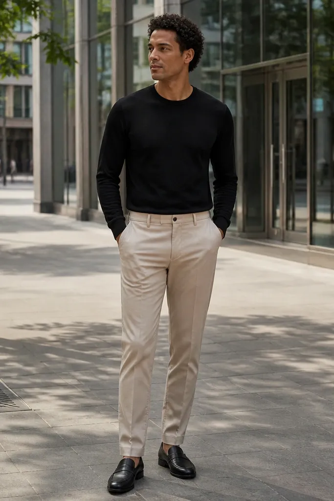 Black crewneck knit with sand trousers and black leather loafers