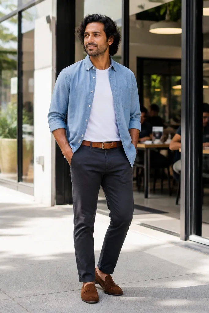 White tee under open light blue chambray with dark chinos